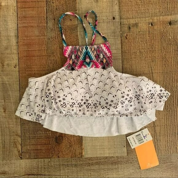 Rip curl womens ruffle flounce bikini top multicolor black white size medium NWT - Picture 1 of 11